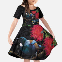 New Zealand Tui Family Matching Puletasi and Hawaiian Shirt Guardians of the Hei Tiki - Maori Art and Plants LT03 Daughter's Dress Black - Polynesian Pride