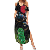 New Zealand Tui Family Matching Summer Maxi Dress and Hawaiian Shirt Guardians of the Hei Tiki - Maori Art and Plants LT03 Mom's Dress Black - Polynesian Pride