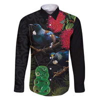 New Zealand Tui Family Matching Tank Maxi Dress and Hawaiian Shirt Guardians of the Hei Tiki - Maori Art and Plants LT03 Dad's Shirt - Long Sleeve Black - Polynesian Pride