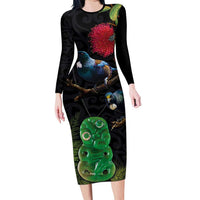 New Zealand Tui Long Sleeve Bodycon Dress Guardians of the Hei Tiki - Maori Art and Plants LT03 Long Dress Black - Polynesian Pride