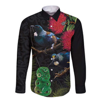 New Zealand Tui Long Sleeve Button Shirt Guardians of the Hei Tiki - Maori Art and Plants LT03 Unisex Black - Polynesian Pride