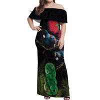 New Zealand Tui Off Shoulder Maxi Dress Guardians of the Hei Tiki - Maori Art and Plants LT03 Women Black - Polynesian Pride