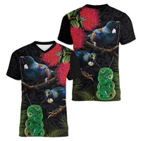 New Zealand Tui Women V-Neck T-Shirt Guardians of the Hei Tiki - Maori Art and Plants LT03 - Polynesian Pride