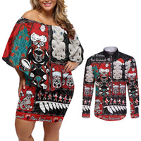 New Zealand Christmas Couples Matching Off Shoulder Short Dress and Long Sleeve Button Shirt Maori Christmas Spirit - Meri Kirihimete LT03 Black - Polynesian Pride