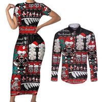 New Zealand Christmas Couples Matching Short Sleeve Bodycon Dress and Long Sleeve Button Shirt Maori Christmas Spirit - Meri Kirihimete LT03 Black - Polynesian Pride