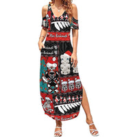 New Zealand Christmas Family Matching Summer Maxi Dress and Hawaiian Shirt Maori Christmas Spirit - Meri Kirihimete LT03 Mom's Dress Black - Polynesian Pride