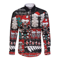 New Zealand Christmas Long Sleeve Button Shirt Maori Christmas Spirit - Meri Kirihimete LT03 Unisex Black - Polynesian Pride