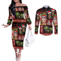 Hawaiian Christmas Couples Matching Off The Shoulder Long Sleeve Dress and Long Sleeve Button Shirt - Mele Kalikimaka Island Holiday Vibes - Black Red LT03 Black - Red - Polynesian Pride