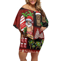 Hawaiian Christmas Off Shoulder Short Dress - Mele Kalikimaka Island Holiday Vibes - Black Red LT03 Women Black - Red - Polynesian Pride