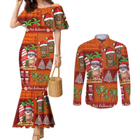 Hawaiian Christmas Couples Matching Mermaid Dress and Long Sleeve Button Shirt - Mele Kalikimaka Island Holiday Vibes - Red Orange LT03 Red - Orange - Polynesian Pride