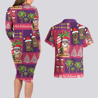 Hawaiian Christmas Couples Matching Long Sleeve Bodycon Dress and Hawaiian Shirt - Mele Kalikimaka Island Holiday Vibes - Pink Purple LT03 - Polynesian Pride