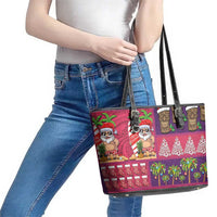 Hawaiian Christmas Leather Tote Bag - Mele Kalikimaka Island Holiday Vibes - Pink Purple LT03 - Polynesian Pride