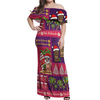 Hawaiian Christmas Off Shoulder Maxi Dress - Mele Kalikimaka Island Holiday Vibes - Pink Purple LT03 Women Pink - Purple - Polynesian Pride