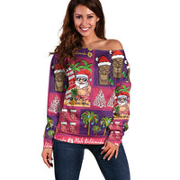 Hawaiian Christmas Off Shoulder Sweater - Mele Kalikimaka Island Holiday Vibes - Pink Purple LT03 Women Pink - Purple - Polynesian Pride