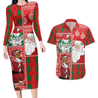 Australian Christmas Couples Matching Long Sleeve Bodycon Dress and Hawaiian Shirt - Santa Koala Kangaroo and Holiday Cheer LT03 Red - Polynesian Pride