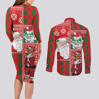 Australian Christmas Couples Matching Long Sleeve Bodycon Dress and Long Sleeve Button Shirt - Santa Koala Kangaroo and Holiday Cheer LT03 - Polynesian Pride