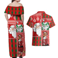Australian Christmas Couples Matching Off Shoulder Maxi Dress and Hawaiian Shirt - Santa Koala Kangaroo and Holiday Cheer LT03 - Polynesian Pride