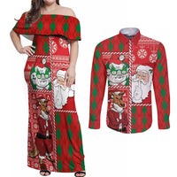 Australian Christmas Couples Matching Off Shoulder Maxi Dress and Long Sleeve Button Shirt - Santa Koala Kangaroo and Holiday Cheer LT03 Red - Polynesian Pride