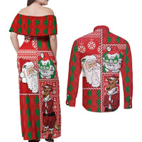 Australian Christmas Couples Matching Off Shoulder Maxi Dress and Long Sleeve Button Shirt - Santa Koala Kangaroo and Holiday Cheer LT03 - Polynesian Pride