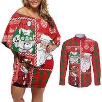Australian Christmas Couples Matching Off Shoulder Short Dress and Long Sleeve Button Shirt - Santa Koala Kangaroo and Holiday Cheer LT03 Red - Polynesian Pride