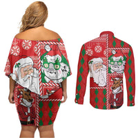 Australian Christmas Couples Matching Off Shoulder Short Dress and Long Sleeve Button Shirt - Santa Koala Kangaroo and Holiday Cheer LT03 - Polynesian Pride