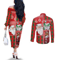 Australian Christmas Couples Matching Off The Shoulder Long Sleeve Dress and Long Sleeve Button Shirt - Santa Koala Kangaroo and Holiday Cheer LT03 - Polynesian Pride