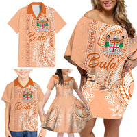 Bula Fiji Family Matching Off Shoulder Short Dress and Hawaiian Shirt Tropical Flower and Tapa Pattern Peach Fuzz Color LT03 - Polynesian Pride