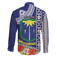 Fiji Natabua High School Family Matching Off Shoulder Short Dress and Hawaiian Shirt Tropical Flower and Tapa Pattern Blue Style LT03 - Polynesian Pride