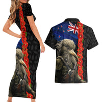 New Zealand Kiwi Soldier ANZAC Couples Matching Short Sleeve Bodycon Dress and Hawaiian Shirt Red Poppy Flower and Silver Fern Pattern LT03 - Polynesian Pride