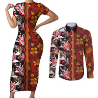 Pan-Pacific Festival Couples Matching Short Sleeve Bodycon Dress and Long Sleeve Button Shirt Hawaiian Tribal and Japanese Pattern Together Culture
