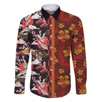 Japanese Culture Hawaii Style Family Matching Puletasi and Hawaiian Shirt Hawaiian Tribal and Japanese Pattern Together Culture LT03 Dad's Shirt - Long Sleeve Red - Polynesian Pride