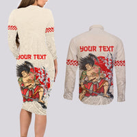 Personalised Pan-Pacific Festival Couples Matching Long Sleeve Bodycon Dress and Long Sleeve Button Shirt Japanese Samurai with Hawaiian Pattern