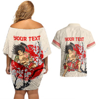Personalised Pan-Pacific Festival Couples Matching Off Shoulder Short Dress and Hawaiian Shirt Japanese Samurai with Hawaiian Pattern