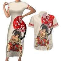 Personalised Japanese Culture Hawaii Style Couples Matching Short Sleeve Bodycon Dress and Hawaiian Shirt Japanese Samurai with Hawaiian Pattern LT03 Beige - Polynesian Pride