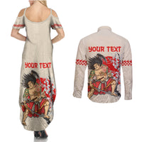 Personalised Pan-Pacific Festival Couples Matching Summer Maxi Dress and Long Sleeve Button Shirt Japanese Samurai with Hawaiian Pattern