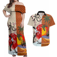 Japanese Culture Hawaii Style Couples Matching Off Shoulder Maxi Dress and Hawaiian Shirt Mauna Kea and Fuji Mountains LT03 Brown - Polynesian Pride