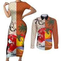 Pan-Pacific Festival Couples Matching Short Sleeve Bodycon Dress and Long Sleeve Button Shirt Mauna Kea and Fuji Mountains