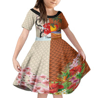 Japanese Culture Hawaii Style Family Matching Puletasi and Hawaiian Shirt Mauna Kea and Fuji Mountains LT03 Daughter's Dress Brown - Polynesian Pride
