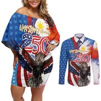Philippines and United States Semiquincentennial Couples Matching Off Shoulder Short Dress and Long Sleeve Button Shirt Eagle and National Flag Style LT03 Multicolor - Polynesian Pride
