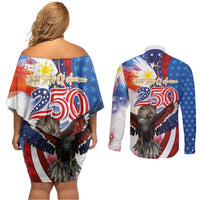 Philippines and United States Semiquincentennial Couples Matching Off Shoulder Short Dress and Long Sleeve Button Shirt Eagle and National Flag Style LT03 - Polynesian Pride