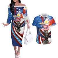 Philippines and United States Semiquincentennial Couples Matching Off The Shoulder Long Sleeve Dress and Hawaiian Shirt Eagle and National Flag Style LT03 Multicolor - Polynesian Pride