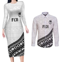 Custom Fijian Rugby Couples Matching Long Sleeve Bodycon Dress and Long Sleeve Button Shirt Tapa Pattern and Palm Tree Tribal LT03 White - Polynesian Pride