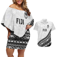 Custom Fijian Rugby Couples Matching Off Shoulder Short Dress and Hawaiian Shirt Tapa Pattern and Palm Tree Tribal LT03 White - Polynesian Pride