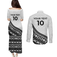 Custom Fijian Rugby Couples Matching Puletasi and Long Sleeve Button Shirt Tapa Pattern and Palm Tree Tribal