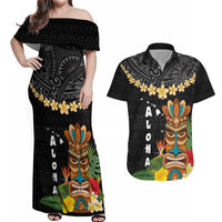 Hawaii Plumeria Lei Couples Matching Off Shoulder Maxi Dress and Hawaiian Shirt Tiki and Kakau Pattern Black Color LT03 Black - Polynesian Pride