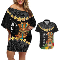 Hawaii Plumeria Lei Couples Matching Off Shoulder Short Dress and Hawaiian Shirt Tiki and Kakau Pattern Black Color