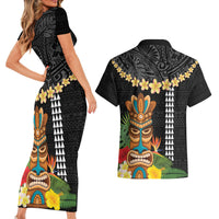 Hawaii Plumeria Lei Couples Matching Short Sleeve Bodycon Dress and Hawaiian Shirt Tiki and Kakau Pattern Black Color LT03 - Polynesian Pride