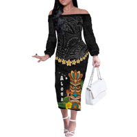 Hawaii Plumeria Lei Off The Shoulder Long Sleeve Dress Tiki and Kakau Pattern Black Color LT03 Women Black - Polynesian Pride