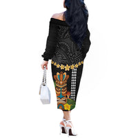 Hawaii Plumeria Lei Off The Shoulder Long Sleeve Dress Tiki and Kakau Pattern Black Color LT03 - Polynesian Pride