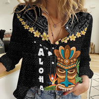 Hawaii Plumeria Lei Women Casual Shirt Tiki and Kakau Pattern Black Color LT03 Female Black - Polynesian Pride
